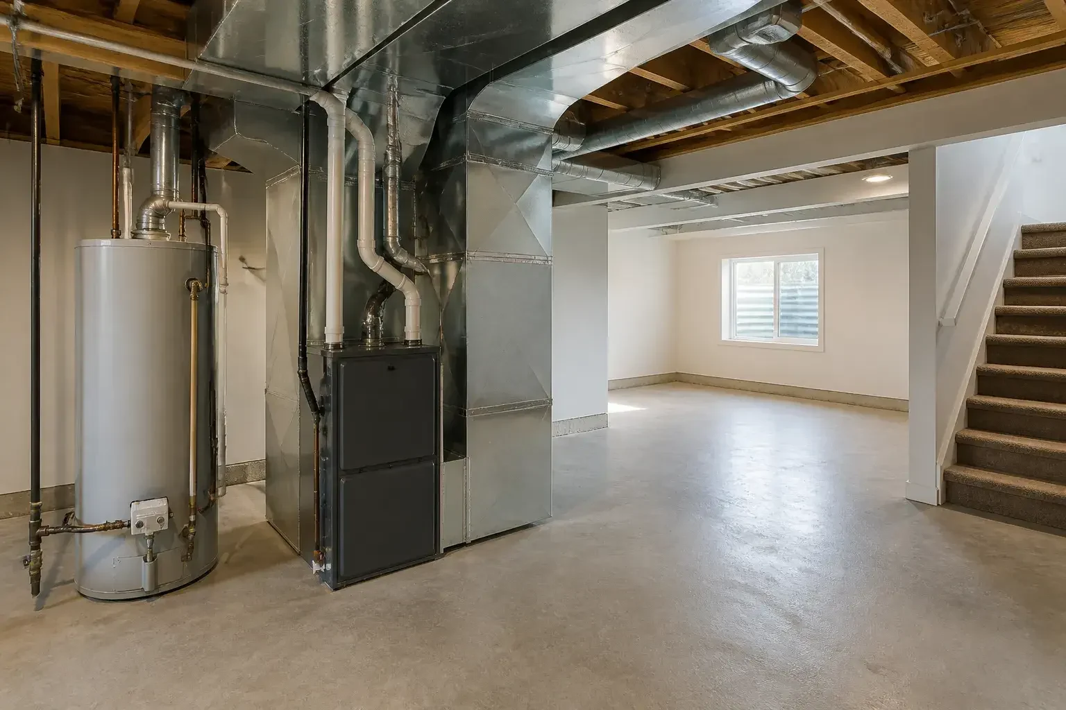 Clean basement mechanical area with finished HVAC equipment