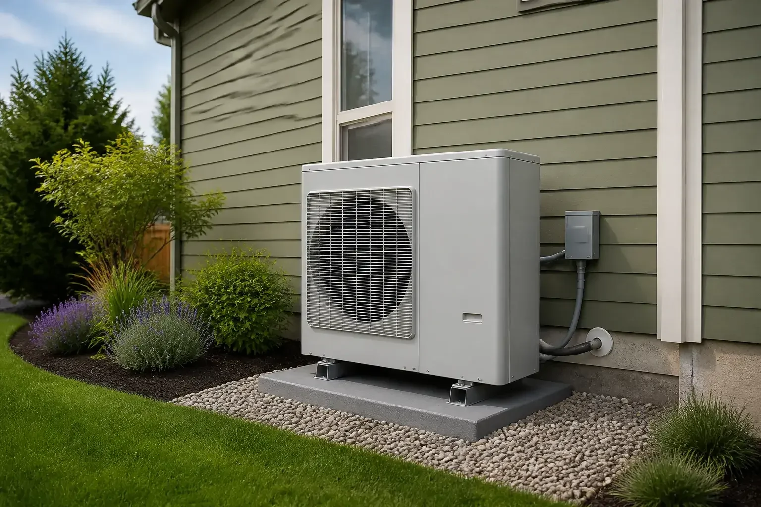 Heat pump installed beside a tidy suburban home