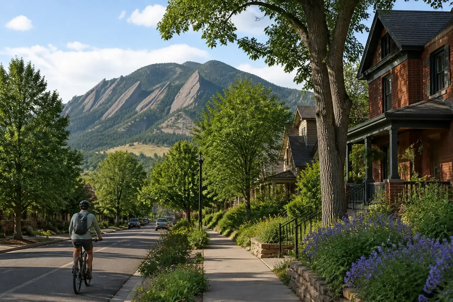 Boulder street with foothills and homes