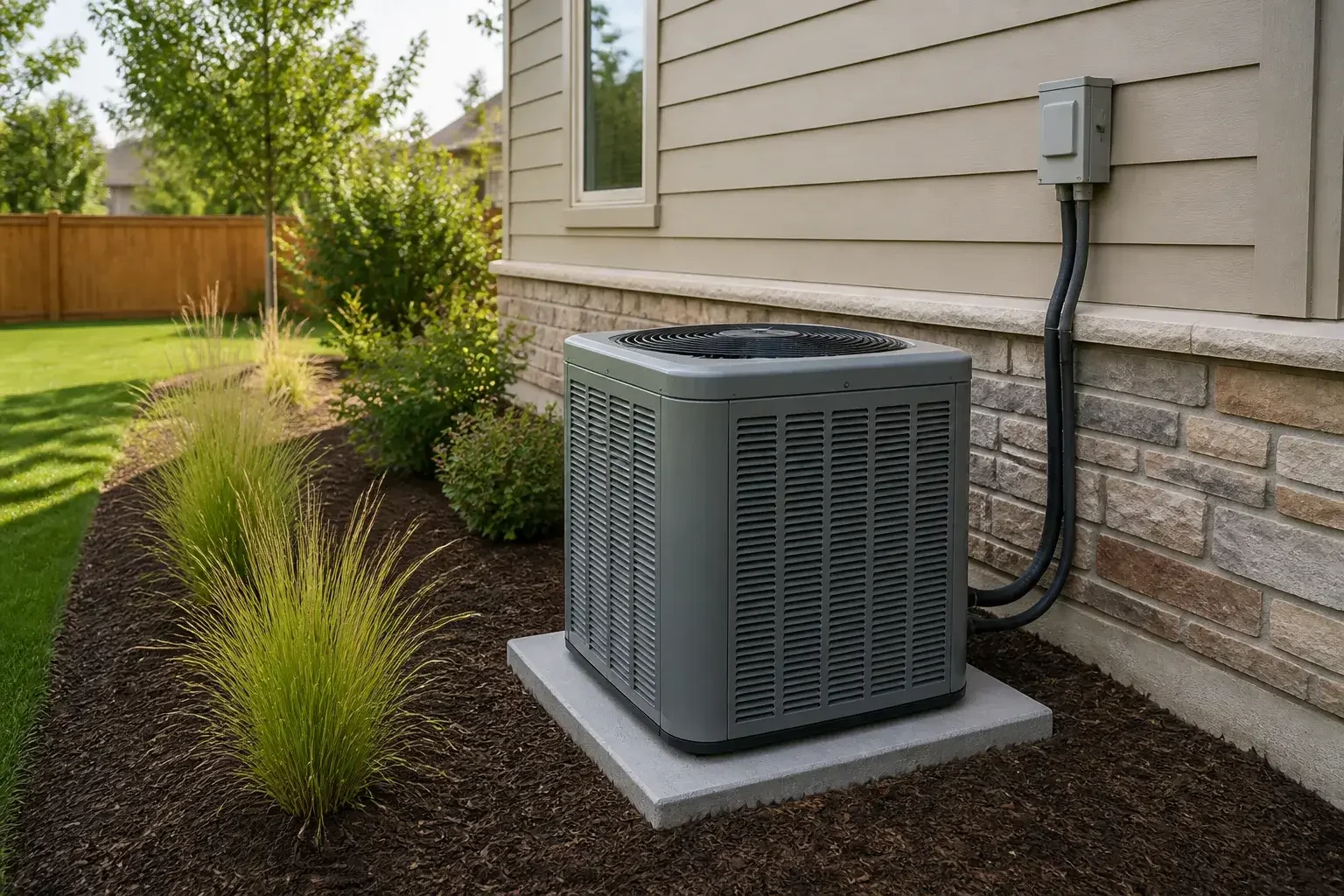 Finished outdoor AC installation by a home
